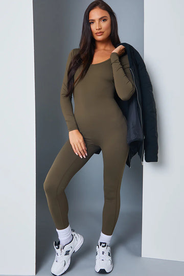 Olive Scoop Neck Long Sleeve Unitard